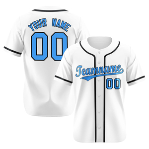 Camiseta de béisbol personalizada, blanca con ribete azul, con botones, nombre del equipo impreso, 00, unisex, para adultos, manga corta - Product Image 1