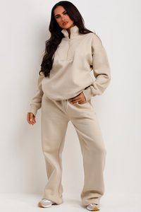 Matching Half-Zip Wide-Leg Tracksuit Latest Custom Logo 2 Piece Women Half Zip Sweatshirt & <b>Joggers</b> Tracksuit Set Full Length - Product Image 2