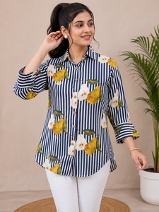 Camisa Casual Estampada 100% Algodón para Mujer, Azul Marino con Rayas y Estampado de Pera, Cuello con Botones, Manga 3/4, Blusa de Moda para el Día a Día - Product Image 1