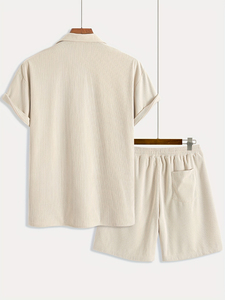 Two-Piece Men's Beige Summer <b>Set</b> Casual Two Piece Outfit Men's Two Piece <b>Set</b> Short Sleeve Shirt And Shorts - Product Image 3