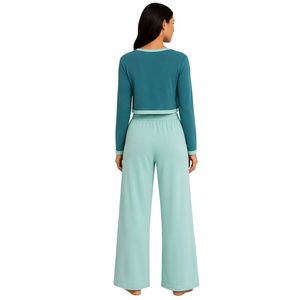 Manufacturer Teal And Mint <b>Green</b> Women Long Sleeve Crop Pajama Set Smiley Print Soft Cotton Wide Leg Loungewear OEM Custom - Product Image 2