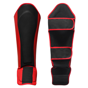 Red And Black Kick Boxing Shin Guards Faux Leather Hook Loop Closure <b>Adjustable</b> For Adults Martial Arts Training Sparring - Product Image 3
