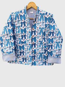 Veste décontractée à col montant pour femme grande taille, en coton gaufré vintage, imprimé nœuds, simple boutonnage - Product Image 1