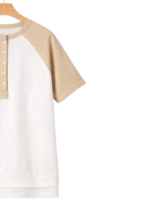 Women Beige White Raglan Sleeve Henley T Shirt Cotton Blend Short Sleeve Casual Summer <b>Top</b> Comfortable Lightweight Tee Wear - Product Image 2