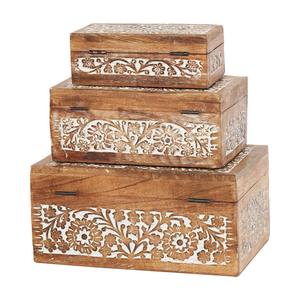 Trending Premium Quality Handmade 3 Piece Solid Mango Wood <b>Box</b> Set Hand Carved Antique <b>Floral</b> Decorative Keepsake <b>Box</b> - Product Image 3