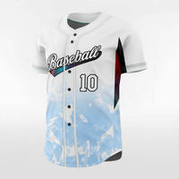 Jersey Baseball Sublimasi Custom Putih Biru Motif Awan Kancing Depan Kaos Softball Bahan Lentur dan Tahan Lama