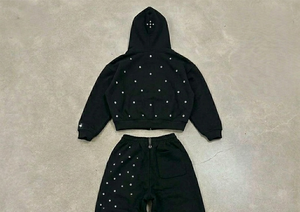 Ensemble de survêtement de luxe personnalisé, coupe oversize, en coton de haute qualité, noir uni à pois, effet délavé à l'acide, avec sweat à capuche zippé et pantalon de jogging, deux pièces, hiver - Product Image 4