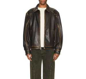 Men's Genuine <b>Leather</b> <b>Biker</b> <b>Jacket</b> Stand Collar Zipper Closure Regular Fit Solid Color Waterproof Winter Wear Color Blocking - Product Image 2
