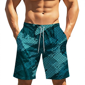 <b>Men's</b> Blue Geometric Pattern Board Shorts Mid Waist Drawstring Quick Dry Casual Swim <b>Trunks</b> - Product Image 1