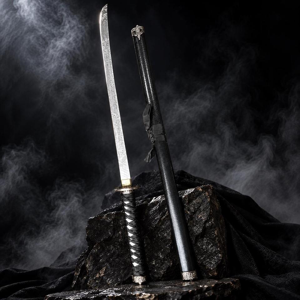 Damascus Steel Katana Sword Full Tang Samurai Blade With Black Scabbard ...