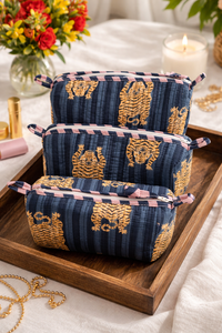 Sacs à maquillage en coton durable à imprimé floral rayé bleu tigre, pochettes indiennes, trousse de toilette de voyage, organiseur de cosmétiques - Product Image 1