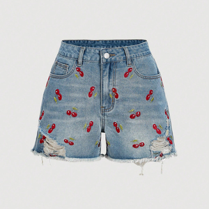 Shorts de Mezclilla de Cintura Alta para Mujer, Bordados, con Dobladillo Crudo, Estilo Retro Casual, Superventas 2026 - Product Image 1