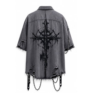 <b>Men's</b> Gothic Jersey Shirt Regular Fit Short Sleeve <b>Cross</b> Print <b>Chains</b> Decorated Washed Polyester/Cotton High Street Style - Product Image 3