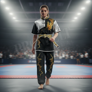 Uniforme de Artes Marciales MMA, Negro y Plateado, para Kung Fu y Wushu, con Bordado a Mano y Pedrería, Manga Corta, para Karate al Aire Libre - Product Image 3