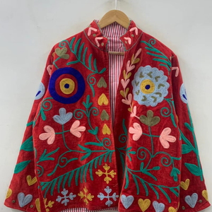 Bohemian Winter Coat Floral Suzani Embroidered Velvet Jacket Windproof Knitted <b>Duster</b> Cotton Floral Suzani Embroidered - Product Image 1