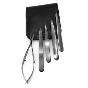 Juego de pinzas para cejas y tijeras de resorte RMI de alta calidad con revestimiento de color negro plasma y estuche magnético de cuero negro - Product Image 3