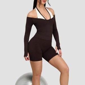 Vêtements pour femmes, design personnalisé à épaules dénudées, chemise sans manches à compression, tissu tricoté en élasthanne/coton, vêtements de sport - Product Image 4