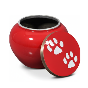 Urna para Mascotas de Cerámica Roja Brillante con Tapa Elegante con Borde Dorado, Huellas de Patas Blancas, Tamaño Compacto, Urna Metálica para Cenizas de Mascotas Odyssey - Product Image 2