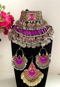 Parure de bijoux pour femme style bohème en alliage, collier et boucles d'oreilles, zircon violet, design à pampilles, plaqué or antique, mode mariage - Product Image 3