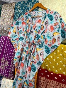 Cotton Casual <b>Kaftan</b> Free <b>Size</b> Luxury Handmade Block Print Eco-Friendly Ankle-Length Feathers Resort Wear for Women Sustainable - Product Image 1