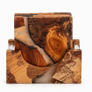 Luxury Handmade Eco-Friendly Durable Olive <b>Wood</b> and Epoxy Resin Coaster Set with Wooden Holder for Home Decor - Product Image 1