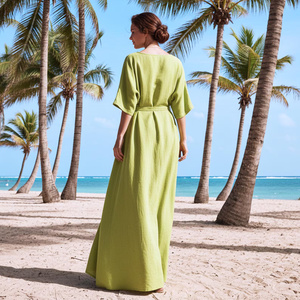 Robe midi trapèze à manches courtes et col en V, avec fente latérale, grande taille, en coton, avec nœud fait main, respirante, style vintage, taille haute, décontractée, coupe ample - Product Image 2