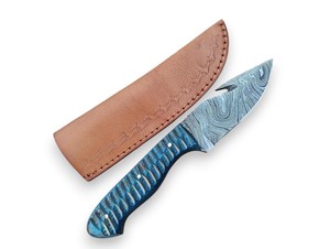 Cuchillo Nórdico de Acero de Damasco de Grado Industrial con Hoja Fija para Caza, Desollado y Camping, Mango de Madera Pakka, Espiga Completa - Product Image 1