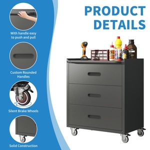 Armadio Metallico a 3 Cassetti Resistente con Ruote Nero/Grigio Soluzione Organizzativa per Casa, Ufficio o Garage - Product Image 4