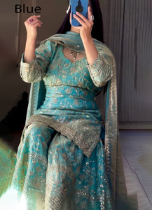 Robe ethnique indienne et pakistanaise moderne en tissu faux georgette lourd, ensemble sharara et palazzo de créateur avec dupatta, prêt-à-porter - Product Image 3