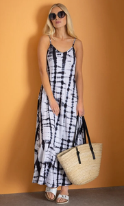 Women Boho Black White Cotton Tie Dye Maxi Dress <b>Spaghetti</b> <b>Strap</b> Sleeveless Flowy Summer Dress - Product Image 3