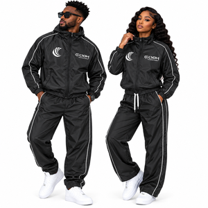 Unisex Black Hooded Tracksuit Set With <strong>White</strong> Stripe Casual Lightweight Polyester <strong>Joggers</strong> And Jacket For Adults Autumn Wear - Product Image 3