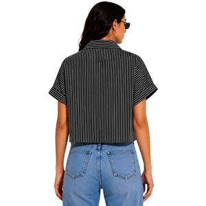 Camisa corta a rayas blancas y negras personalizada para mujer, logotipo bordado personalizado, blusa informal de verano con botones y manga corta, OEM - Product Image 2