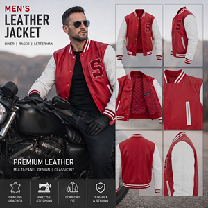 Chaqueta de Cuero de Motociclista de Alta Calidad, Chaqueta de Cuero Vintage para Hombre, Chaqueta de Cuero con Parche Bordado en el Pecho - Product Image 4