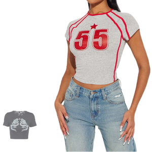 Women's Gray <b>Crop</b> <b>Top</b> Short Sleeve Raglan O-Neck 55 <b>Red</b> Star Print Slim Fit Casual Spring Summer Jersey T-Shirt - Product Image 1