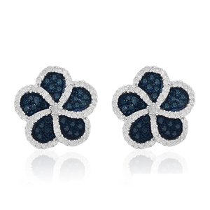 1.05 Cttw White & Blue Diamond Flower Stud <b>Earrings</b> 925 Sterling Silver, Round Cut Natural Diamond <b>Earrings</b> for Women, Push Back - Product Image 1