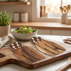 Utensilios de arte fino de madera de suar de grado alimenticio, con forma de mano, con incrustaciones de concha de coco blanca y oscura, motivo de ajedrez, color marrón claro, para servir ensaladas. - Product Image 2
