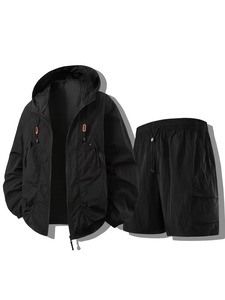 Ensemble de survêtement 2 pièces OEM pour homme : coupe-vent et short, avec fermeture éclair réfléchissante, en nylon, à capuche et poches zippées, pour activités de plein air - Product Image 2