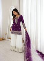 Setelan Kurta Wanita Tradisional India Pakistan Biru Tua Bordir Anti Kusut Bahan Sutra Alami Murni Elastis Semua Musim Warna Krem
