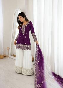 <b>Women</b> Traditional Indian Pakistani Navy Blue Embroidered Wrinkle-Free Stretchable Pure Natural Silk All Seasons <b>Kurta</b> Cream Set - Product Image 3