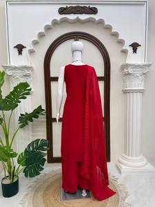 Conjunto de Salwar Kameez Pakistaní Rojo con Encaje Bordado, Ropa Étnica para Mujer, Atuendo Casual para Fiesta - Product Image 3