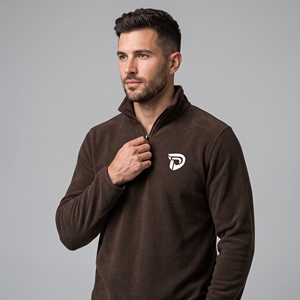 Dumela Men's <b>Brown</b> Quarter Zip <b>Fleece</b> Pullover With White Logo Front Print Regular Fit Casual Autumn Wear - Product Image 5