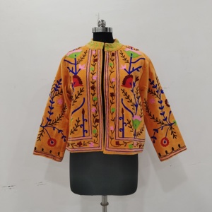 Women's Finished Suzani Embroidered Woven Velvet <b>Mandarin</b> <b>Collar</b> Pullover <b>Jacket</b> Handmade Floral Short Cotton Lined Boho Winter - Product Image 1