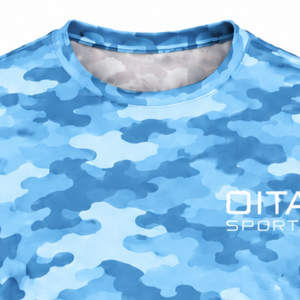 T-shirt camouflage bleu ciel pour hommes, manches courtes, col rond, imprimé camouflage, entraînement athlétique, gym, course à pied, vêtements de sport performants - Product Image 3