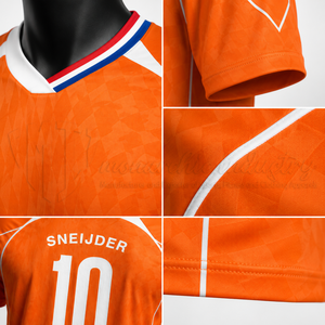 Maillot de football orange personnalisé pour homme, manches courtes, 100 % polyester, anti-humidité, col rond, coupe athlétique, impression par sublimation - Product Image 6