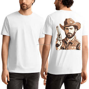 T-shirt décontracté en coton pour homme, col rond, coupe oversize, délavé à l'acide, avec impression sur la poitrine motif portrait de cowboy western, personnalisable, vente en gros - Product Image 4