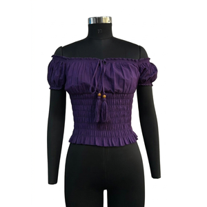 Haut court en coton cambre pour femme, épaules dénudées, col élastique, coupe ajustée, taille smockée, idéal pour les tenues décontractées, les soirées et le bureau - Product Image 1