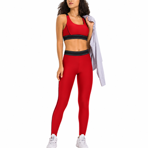 <b>Brown</b> Seamless Yoga Set High Waist <b>Leggings</b> Scoop Neck Racerback Sports Bra Contrast Binding Full Length 2 Piece - Product Image 2