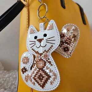 Beaded Cat <b>Keychain</b> Embroidery Kit on Eco <b>Leather</b> DIY Handmade Accessory by Wonderland Crafts - Product Image 4