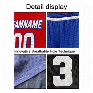 Tenues de basketball rouge et bleu en tissu respirant, impression numérique par sublimation, ensemble personnalisé avec maillot et short - Product Image 4