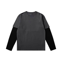 T-shirt décontracté sans col à manches longues en tricot double couche effet vieilli style streetwear, 100 % coton respirant, grandes tailles
